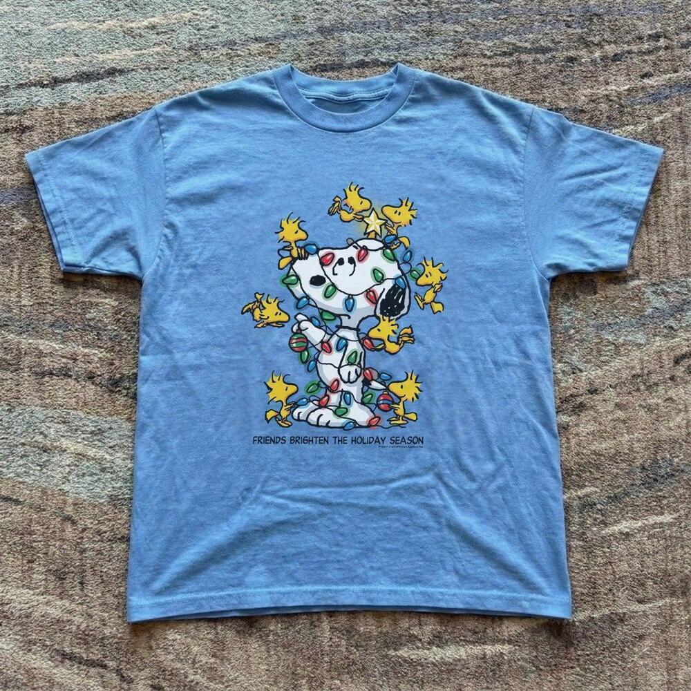Snoopy Christmas Lights Woodstock Holiday Retro Blue T-Shirt